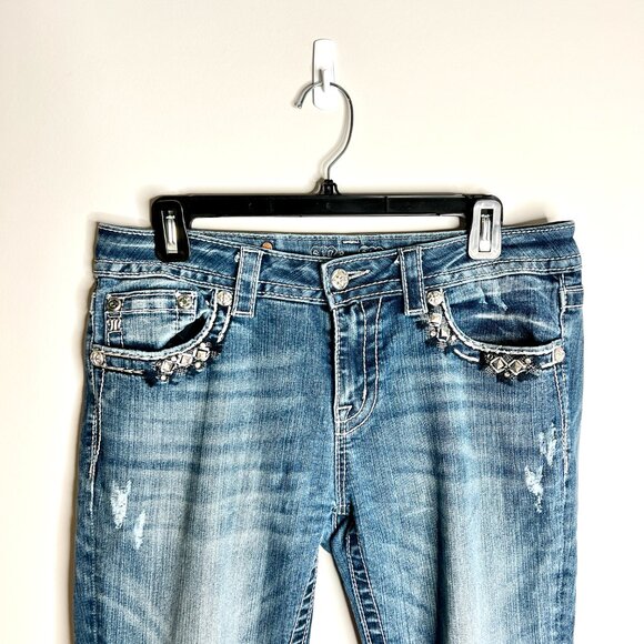 Miss Me Jeweled Embroidered Back Pockets Mid-Rise Bootcut Dark Wash Western 30 - Picture 3 of 7